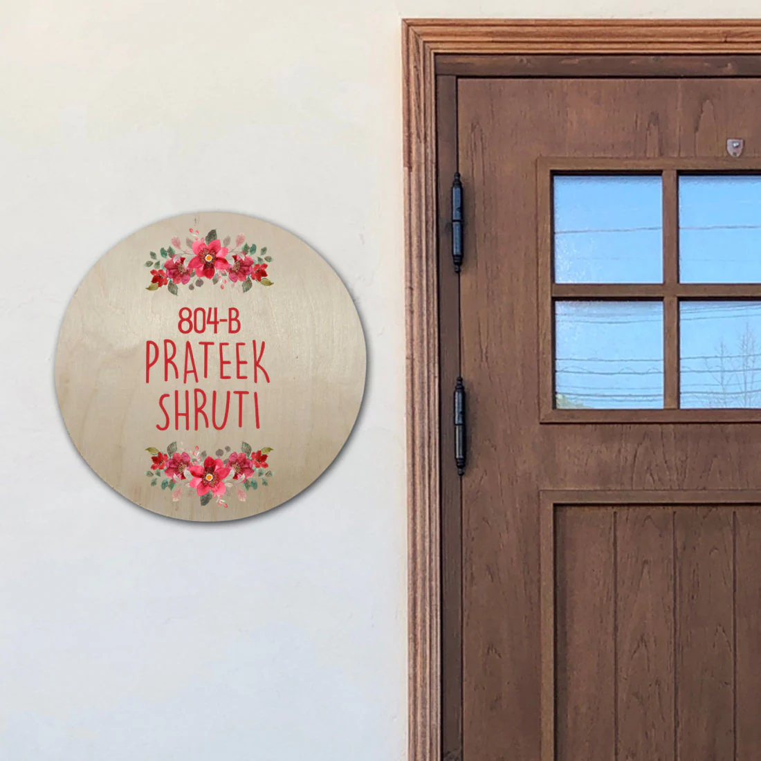Round Name Plate Red Floral Design Nameplate for Home - Available in Wood and Acrylic - Image 2