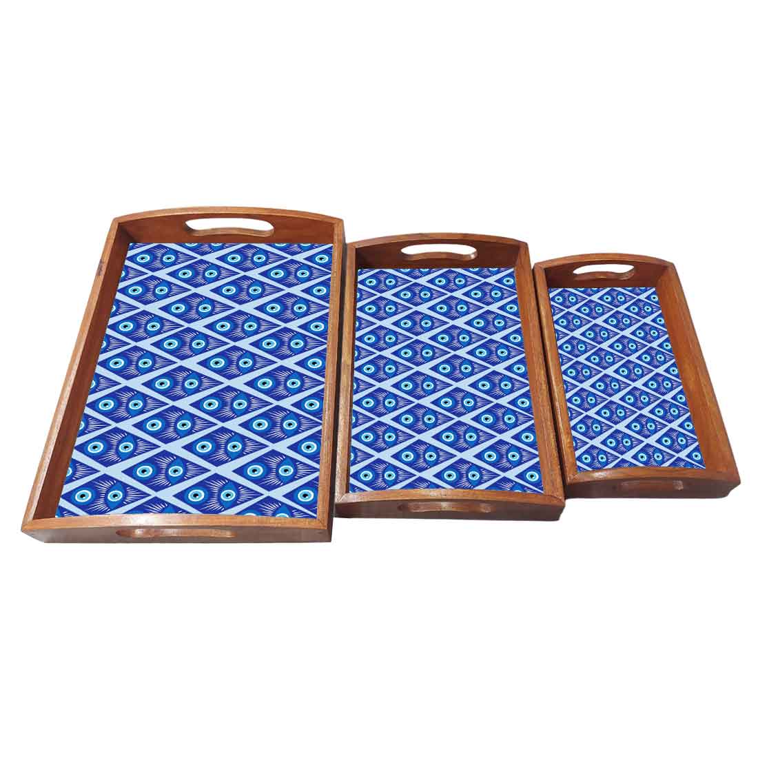 Wooden Tea Serving Tray with Handle Set of 3 Evil Eye - Image 4