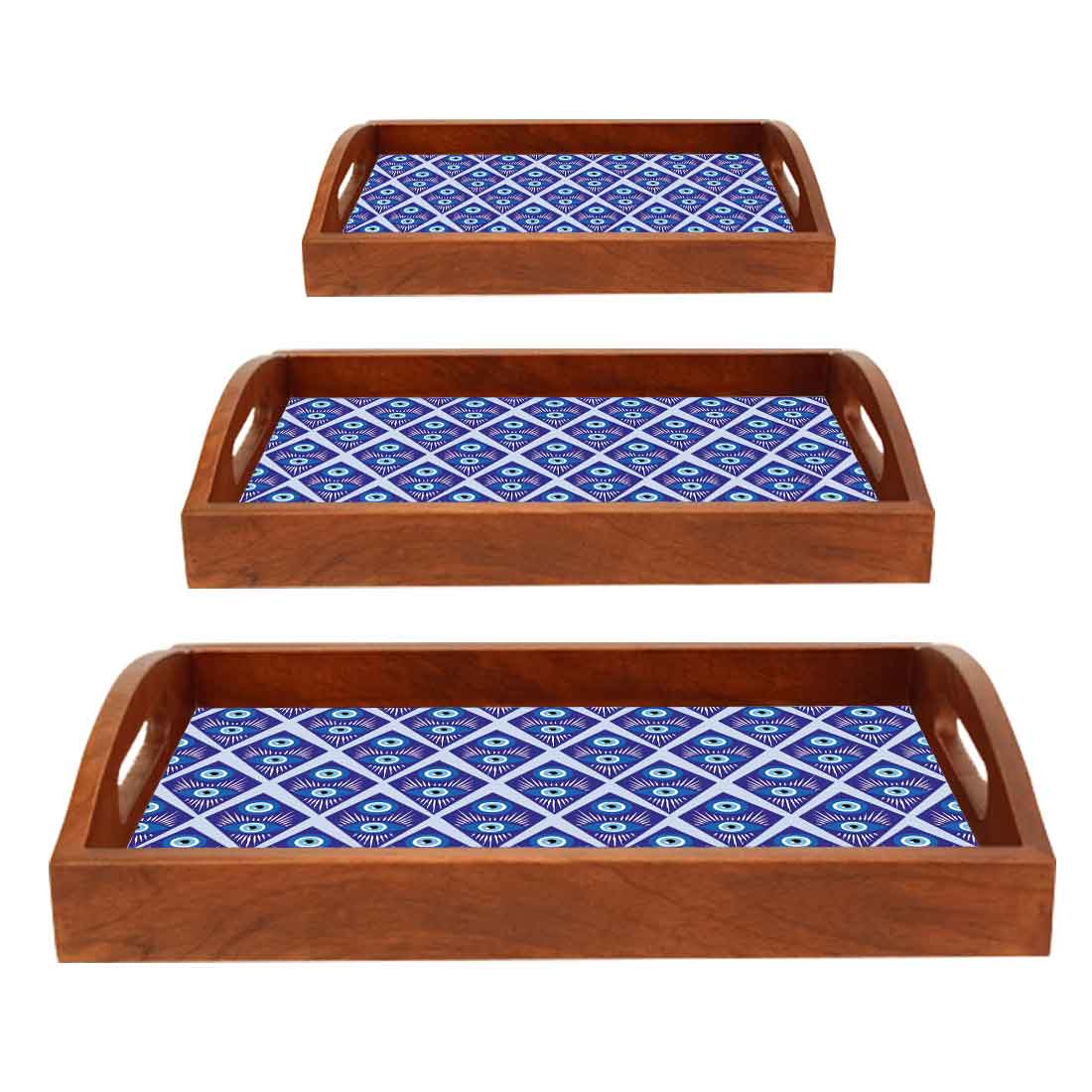 Wooden Tea Serving Tray with Handle Set of 3 Evil Eye - Image 6