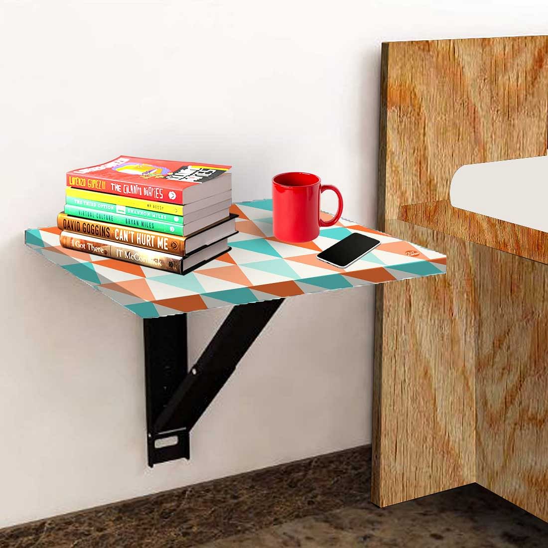 Wall Mounted Night Table For Bedroom - Orange and Mint Triangles - Image 3