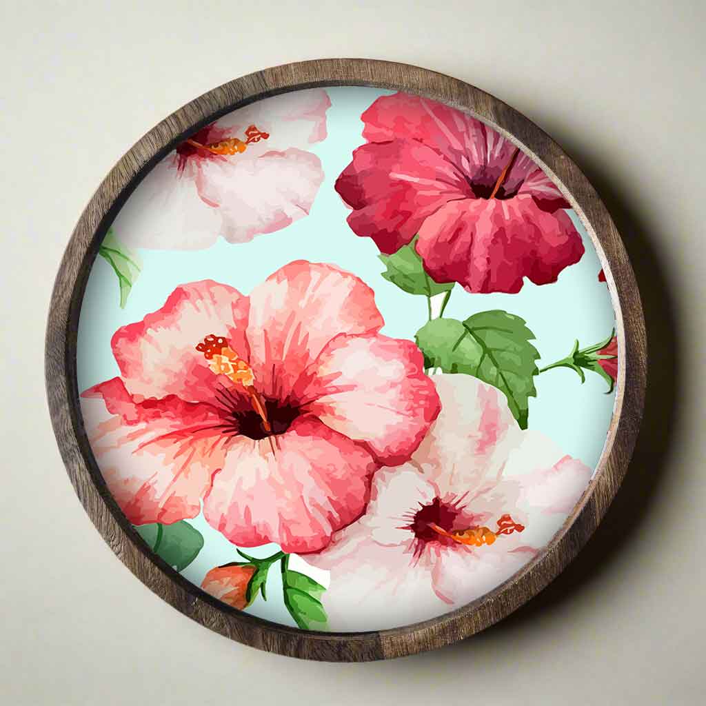 Snack Serving Platters for Croquettes, Kebabs | Round Wooden tray - Hibiscus Flower
