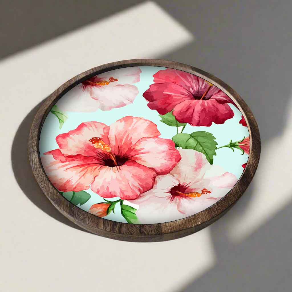 Snack Serving Platters for Croquettes, Kebabs | Round Wooden tray - Hibiscus Flower - Image 3