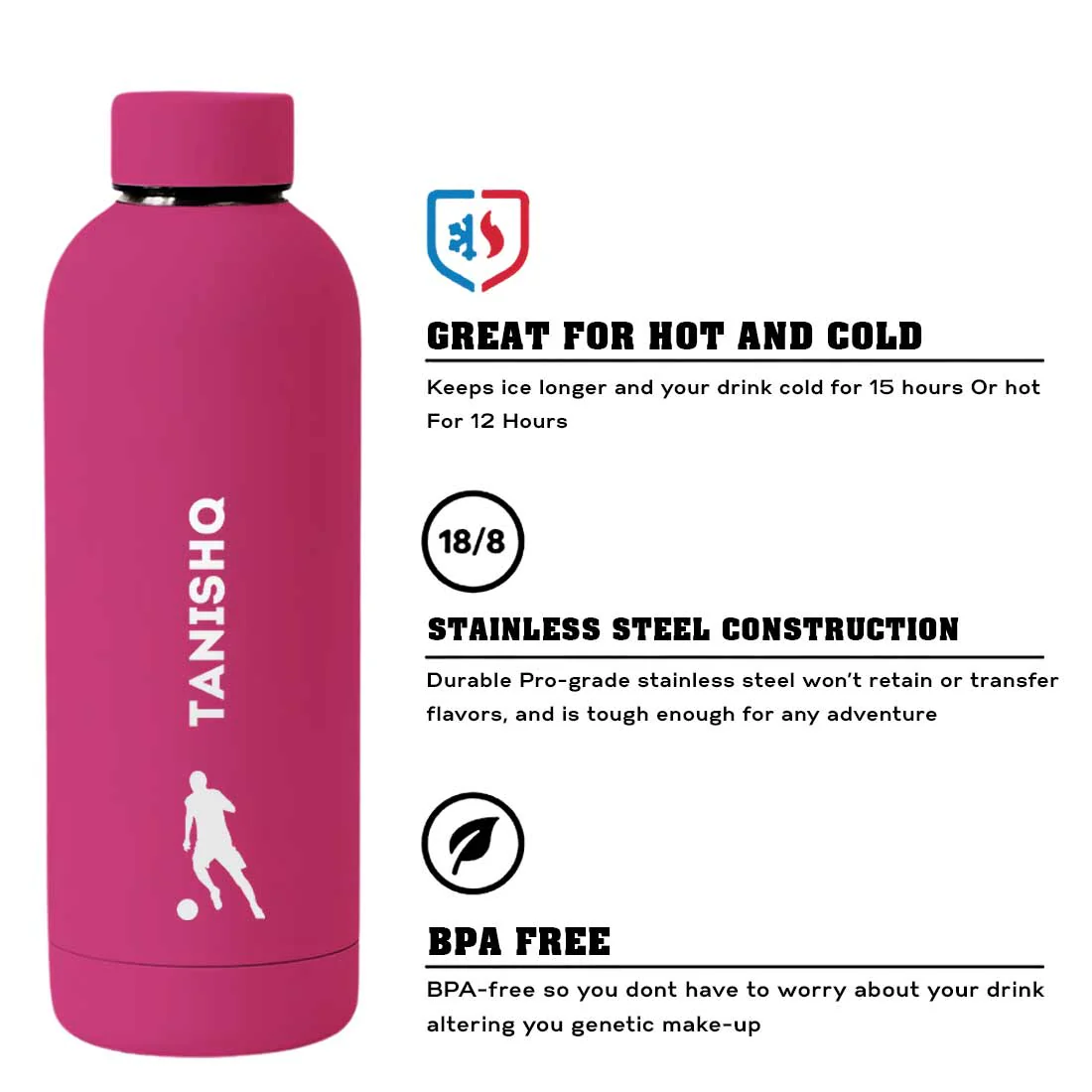Stainless Steel Insulated Water Bottle with Name 500ML Water Bottles for Sports - BPA Free, Leakproof - Football - Image 12
