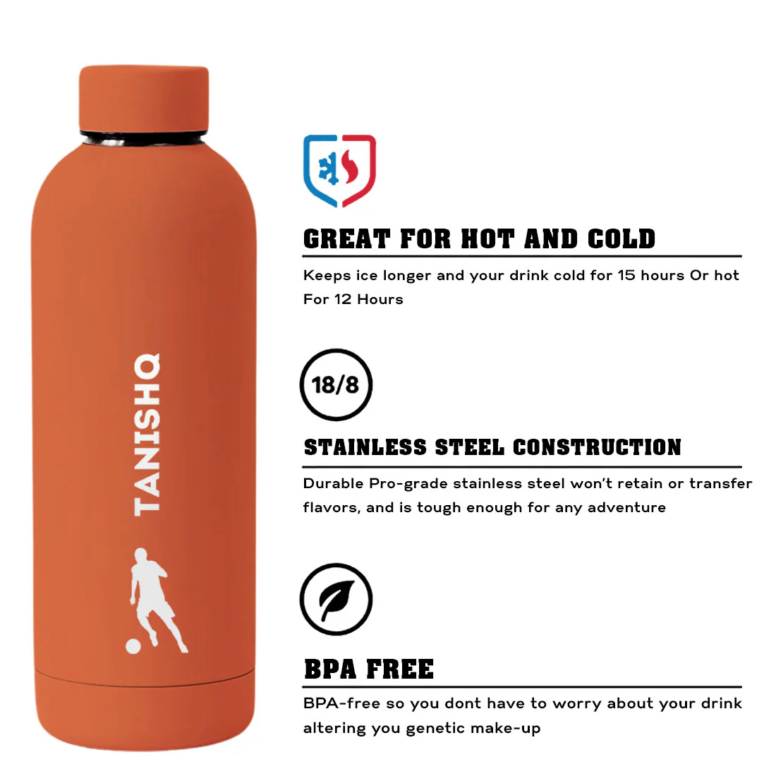 Stainless Steel Insulated Water Bottle with Name 500ML Water Bottles for Sports - BPA Free, Leakproof - Football - Image 17
