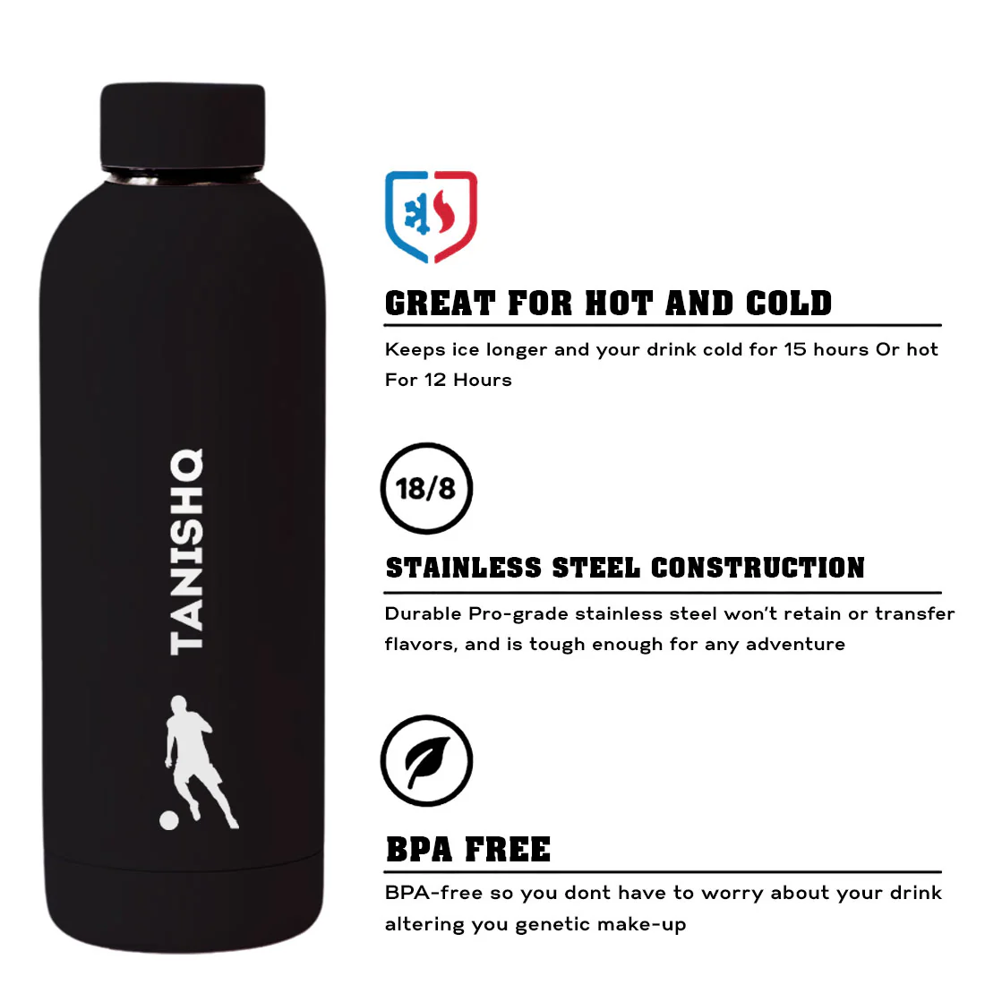 Stainless Steel Insulated Water Bottle with Name 500ML Water Bottles for Sports - BPA Free, Leakproof - Football - Image 21