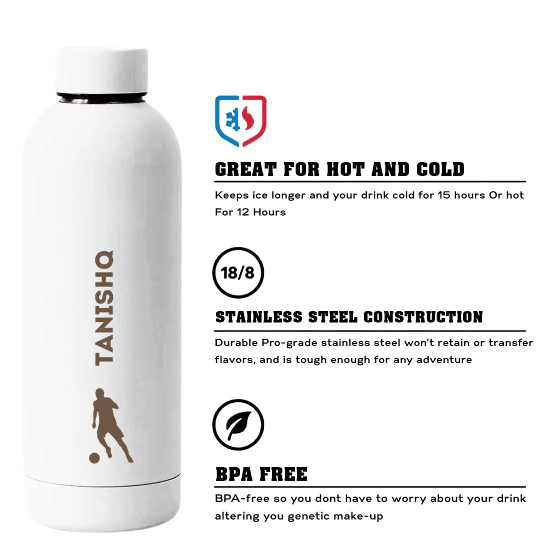 Stainless Steel Insulated Water Bottle with Name 500ML Water Bottles for Sports - BPA Free, Leakproof - Football - Image 28