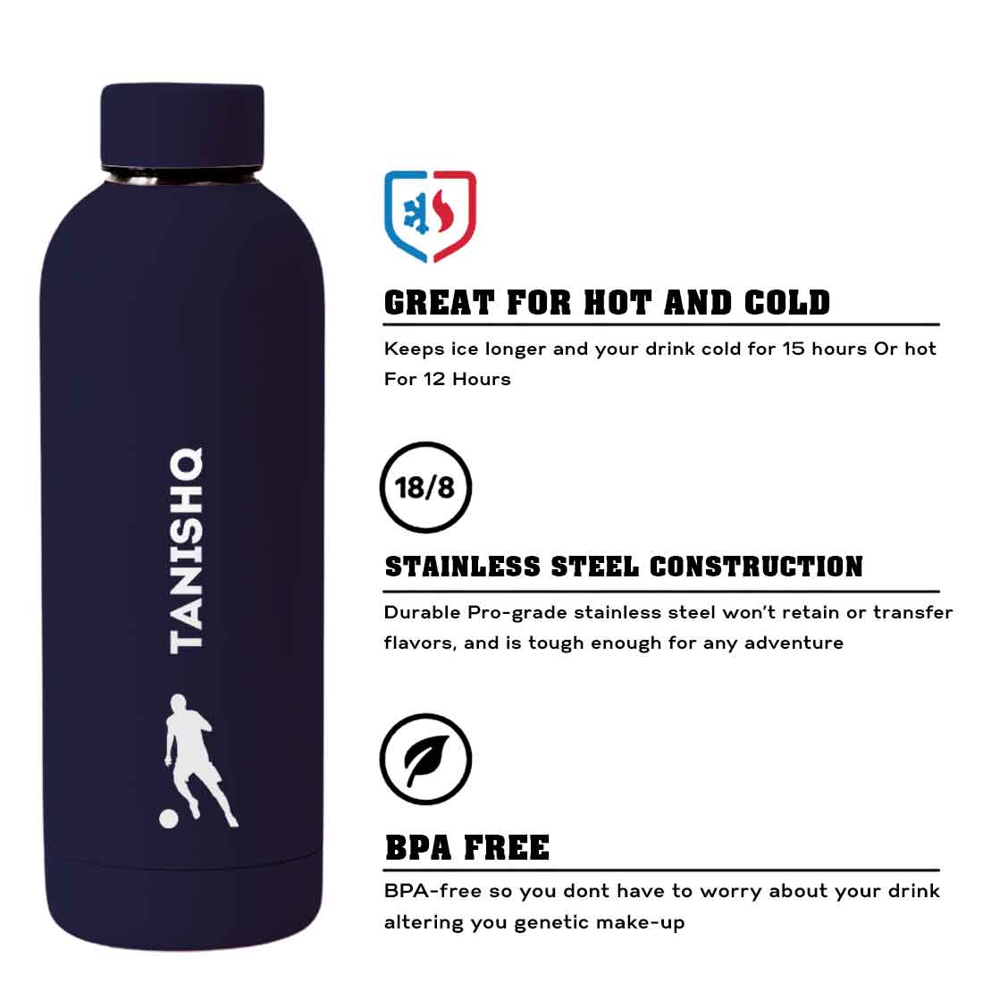 Stainless Steel Insulated Water Bottle with Name 500ML Water Bottles for Sports - BPA Free, Leakproof - Football - Image 33