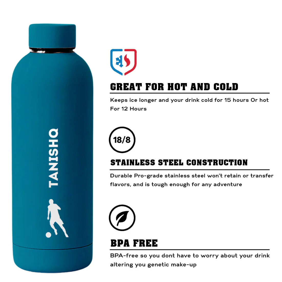 Stainless Steel Insulated Water Bottle with Name 500ML Water Bottles for Sports - BPA Free, Leakproof - Football - Image 41