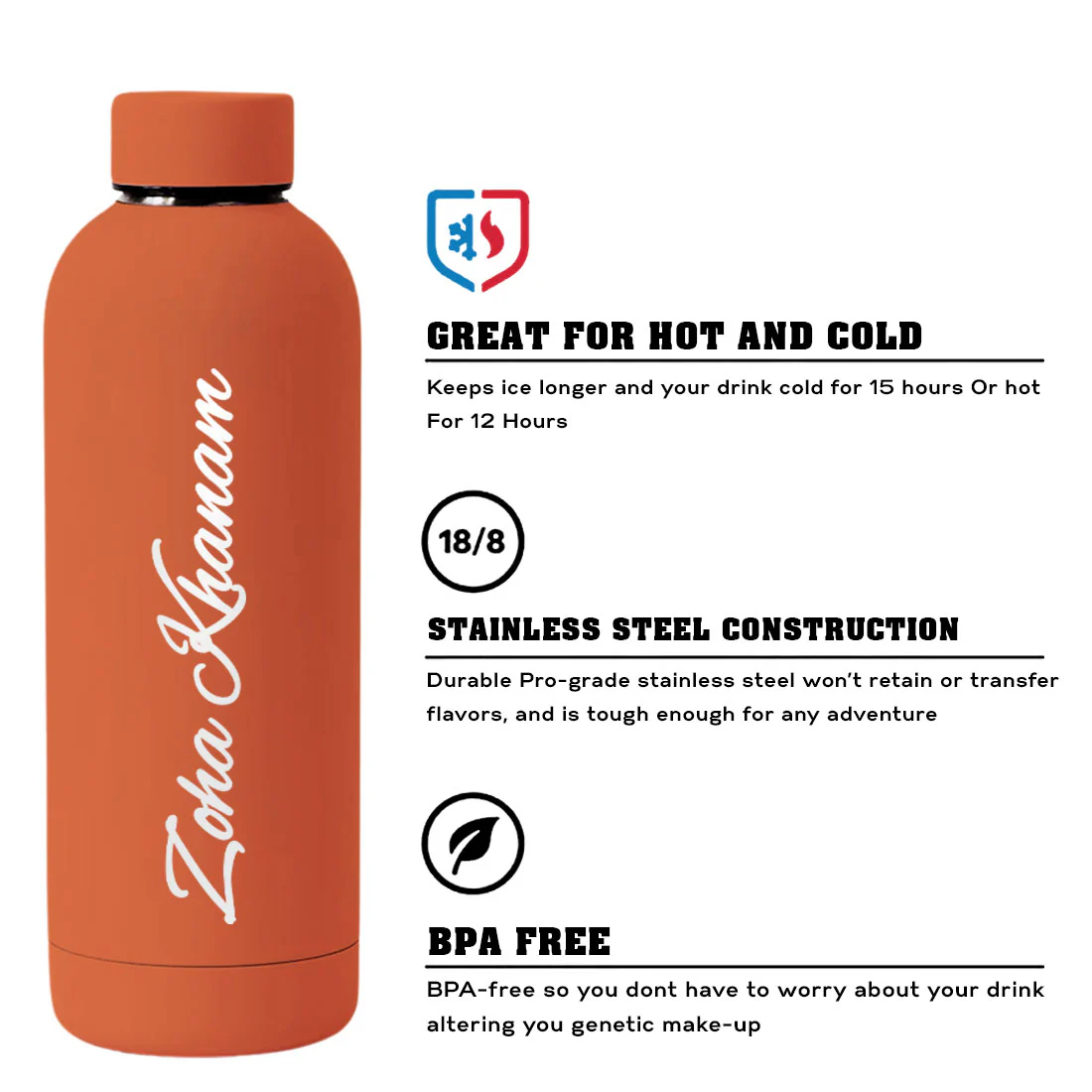 Stainless Steel Water Bottle with Names 500ml Double Insulated Bottles for Office Home Travel- BPA Free, Leakproof - Image 35