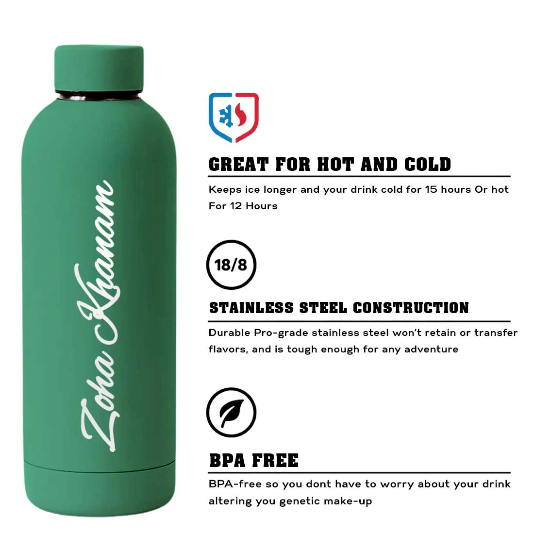 Stainless Steel Water Bottle with Names 500ml Double Insulated Bottles for Office Home Travel- BPA Free, Leakproof - Image 52