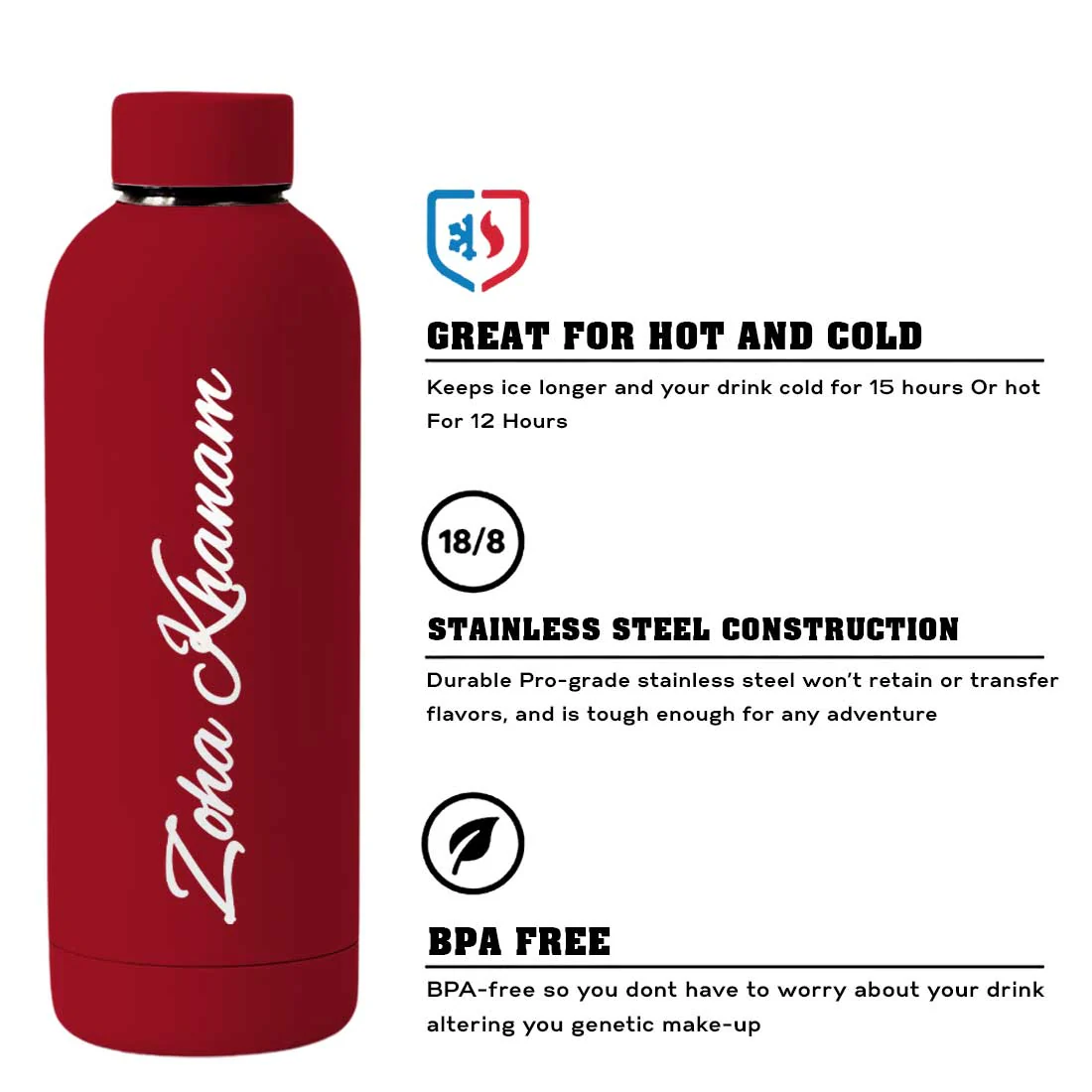 Stainless Steel Water Bottle with Names 500ml Double Insulated Bottles for Office Home Travel- BPA Free, Leakproof - Image 55