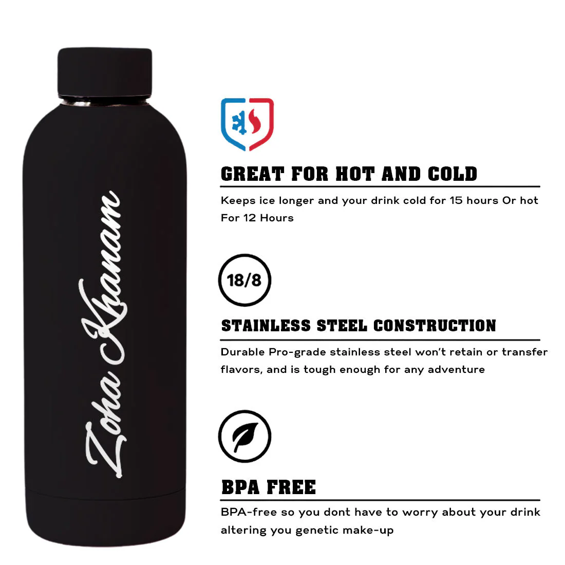 Stainless Steel Water Bottle with Names 500ml Double Insulated Bottles for Office Home Travel- BPA Free, Leakproof- Set OF 2 - Image 17