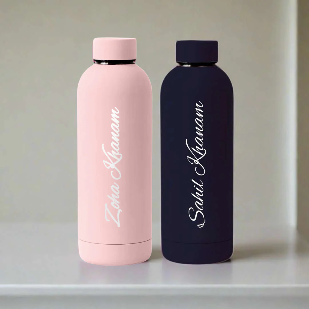 Stainless Steel Water Bottle with Names 500ml Double Insulated Bottles for Office Home Travel- BPA Free, Leakproof- Set OF 2 - Image 3