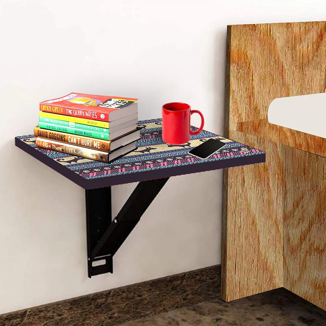 Folding Side Table for Bedroom - Aztec Blue Cream Pattern - Image 3