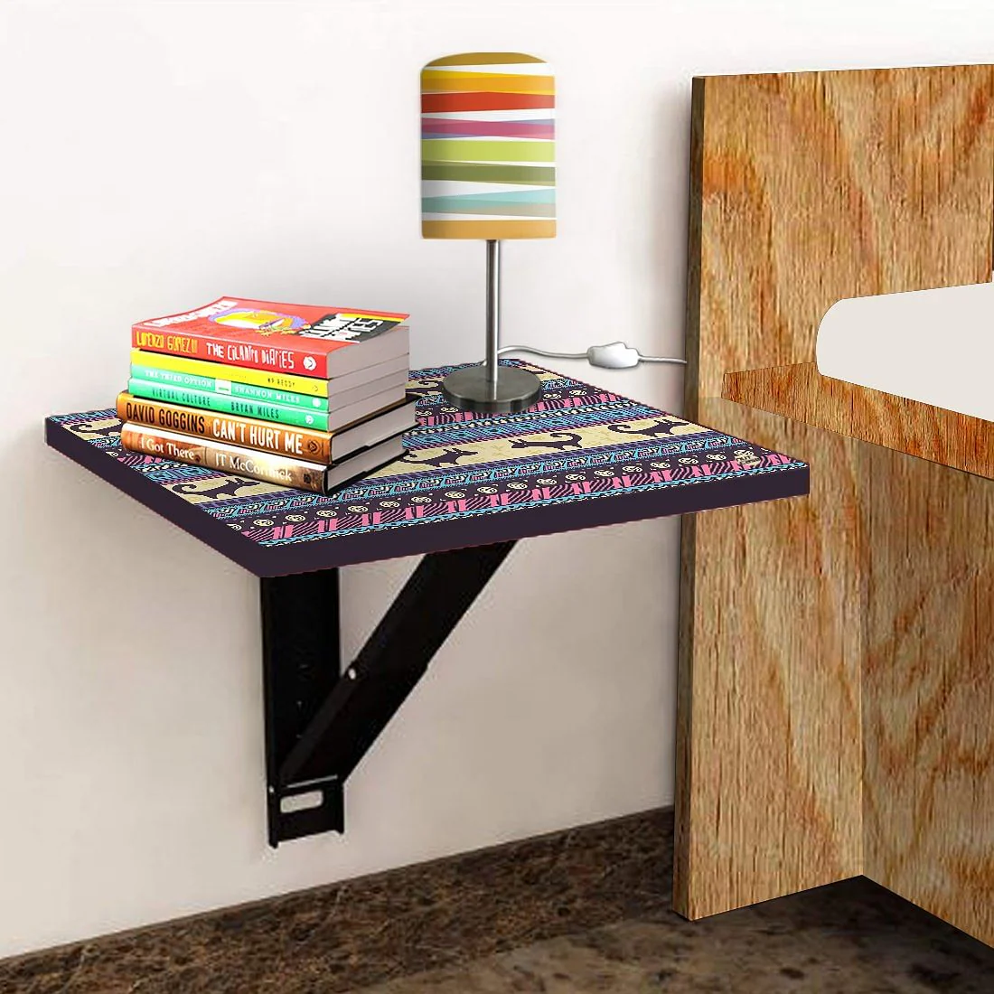 Folding Side Table for Bedroom - Aztec Blue Cream Pattern - Image 4