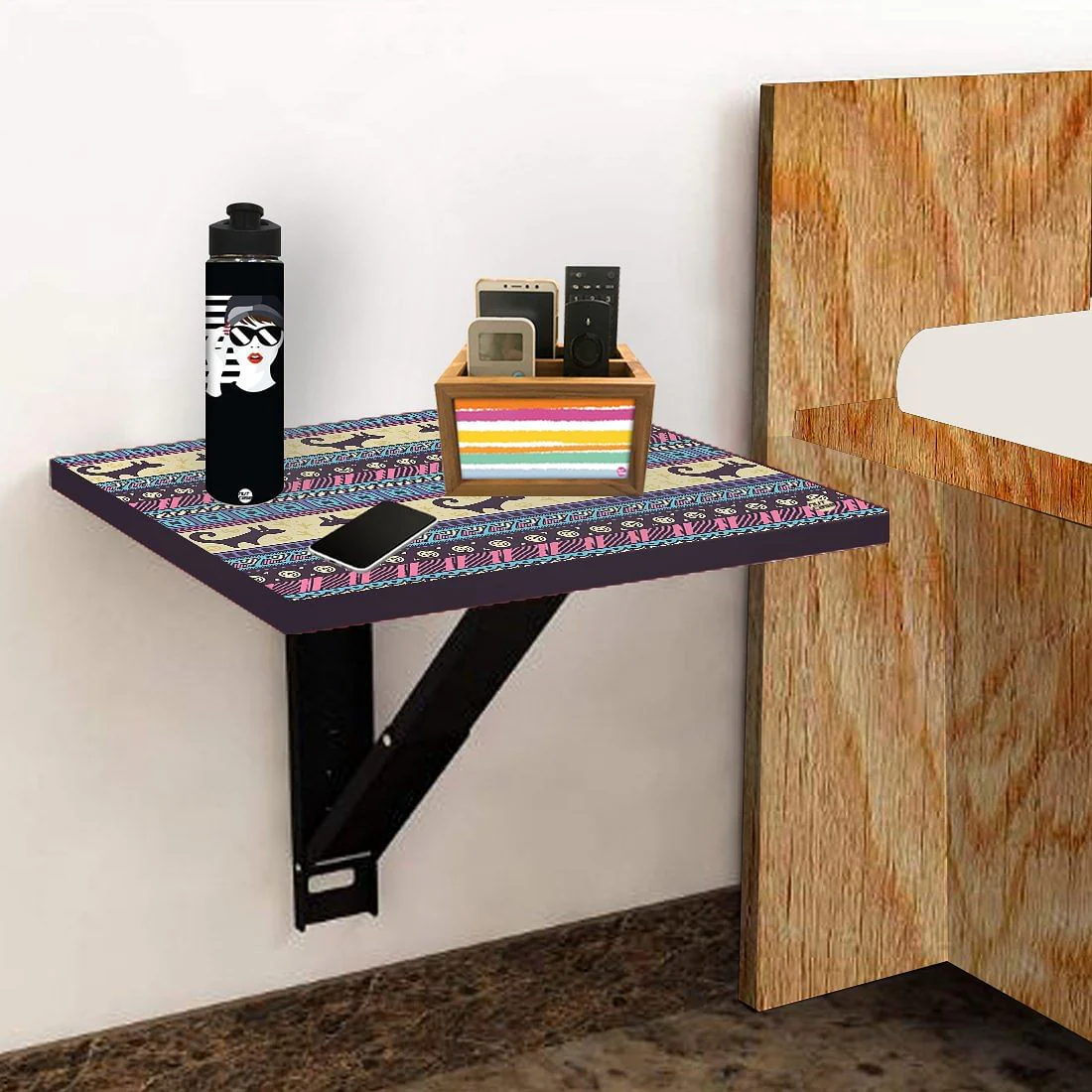 Folding Side Table for Bedroom - Aztec Blue Cream Pattern - Image 5