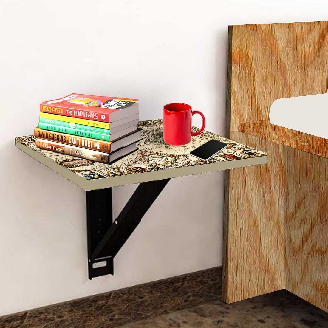 Wall Mounted Folding Bedside Table - World Map Design - Image 3