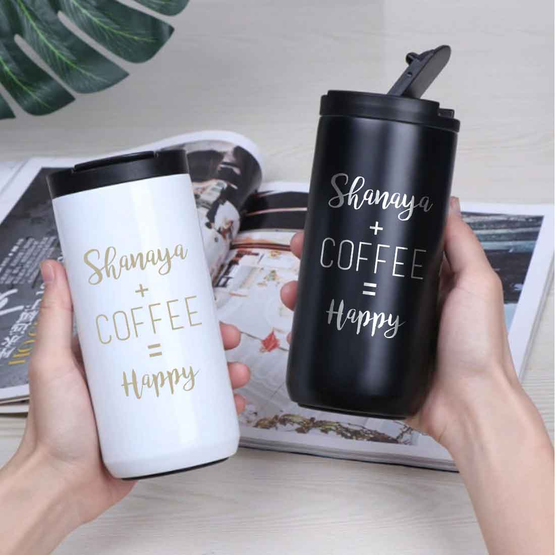 Customized Insulated Thermos Cup for Tea with Name Engraved Design (400 ML) - Happy - Image 5