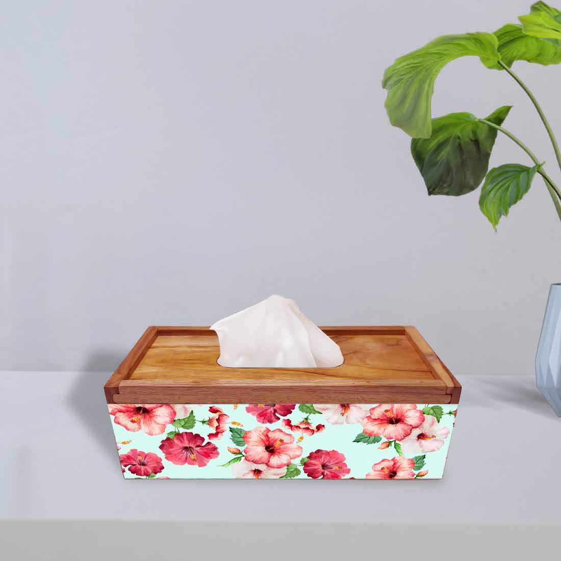 Tissue Paper Holder Box Wooden for Office Home - Hibiscus - Image 2