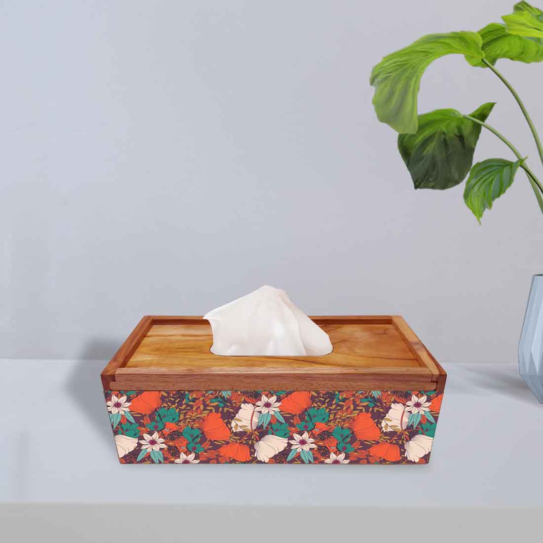 Rectangular Tissue Stand Holder Wooden for Home Office - Flower - Image 2