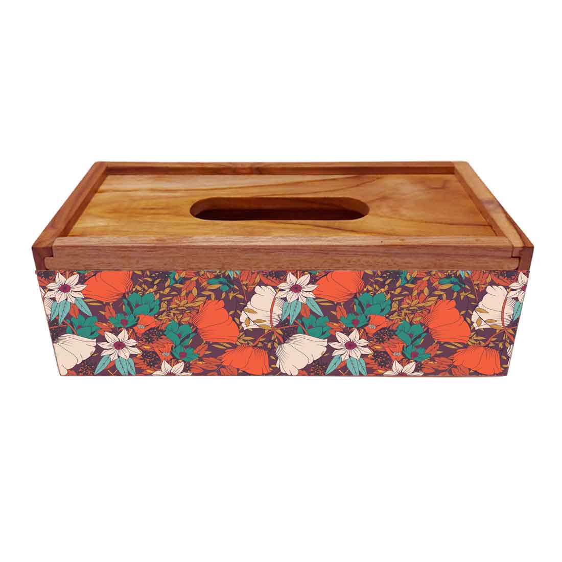 Rectangular Tissue Stand Holder Wooden for Home Office - Flower - Image 4