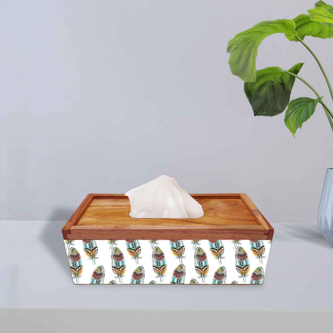 Rectangular Wooden Tissue Holder for Home Office Car - Feather - Image 2