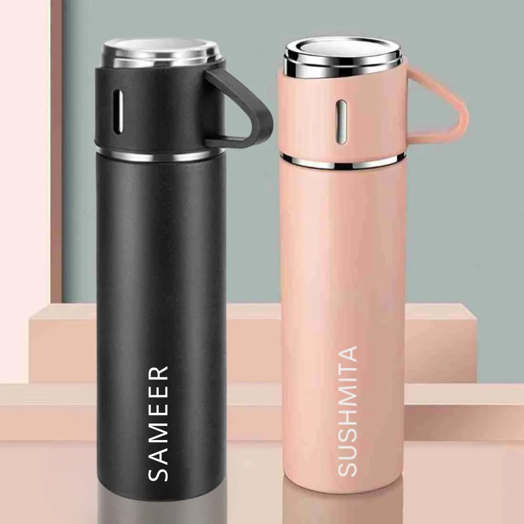 Travel Mug Thermos Flask Set of 2 with Names - Pink & Black