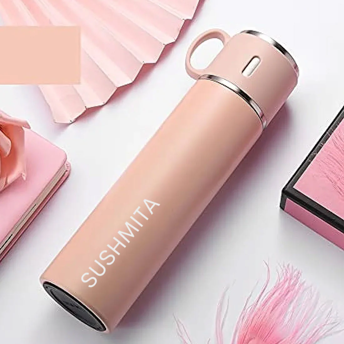 Travel Mug Thermos Flask Set of 2 with Names - Pink & Black - Image 2
