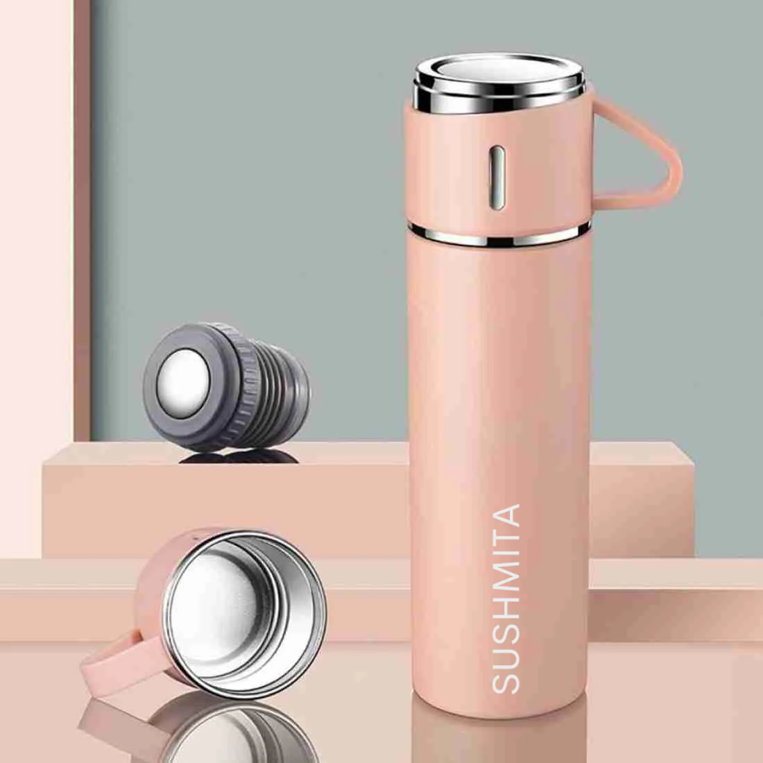 Travel Mug Thermos Flask Set of 2 with Names - Pink & Black - Image 4