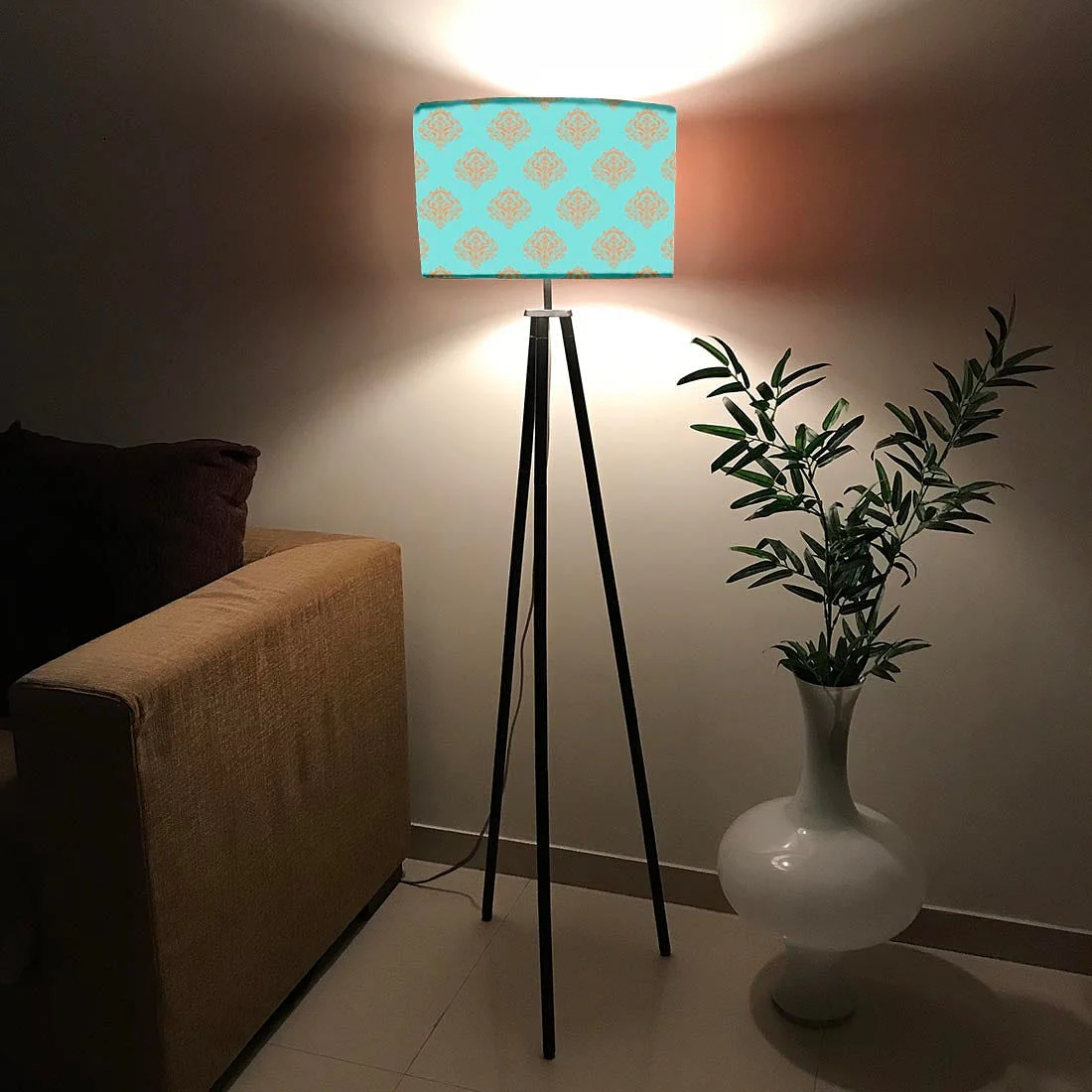 Tripod Floor Lamp Standing Light for Living Rooms -Blue Orange Damask - Image 2