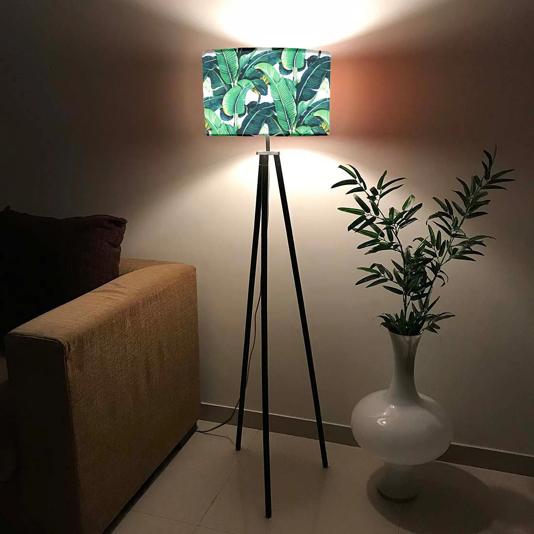 Tripod Standing Floor Lamp for Bedroom - Green Leaves