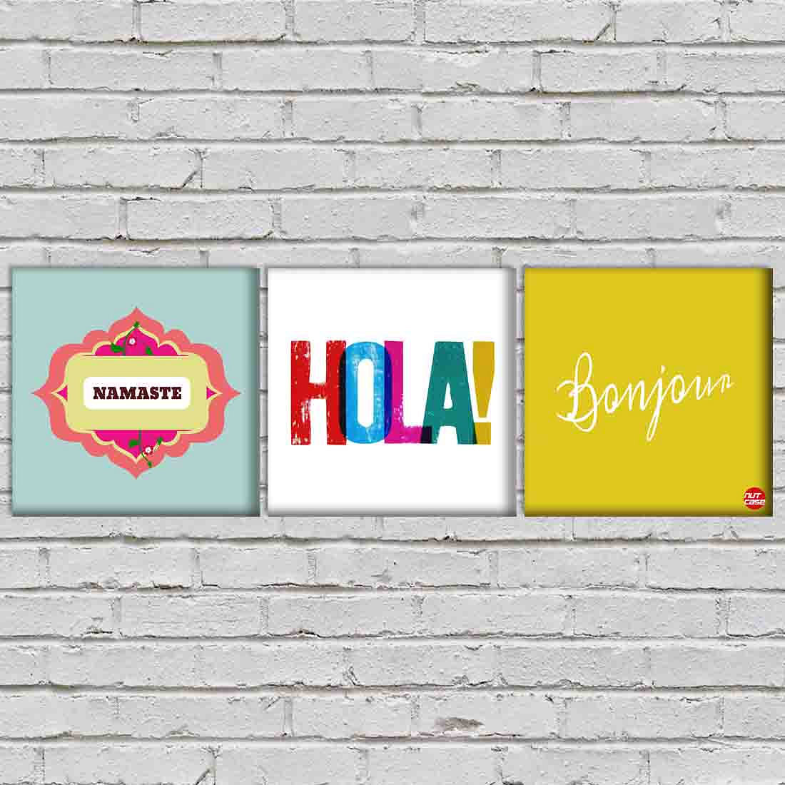 Wall Art Decor Hanging Panels Set Of 3 -Namaste Hola Bonjour - Image 2