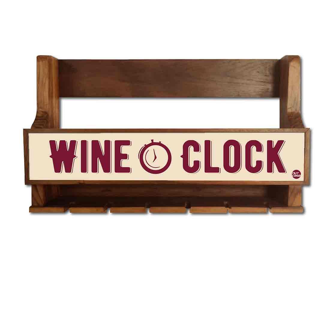 Wooden Wall Mounted Wine Rack Mini Bar for 5 Bottles 6 Glasses - Clock - Image 2
