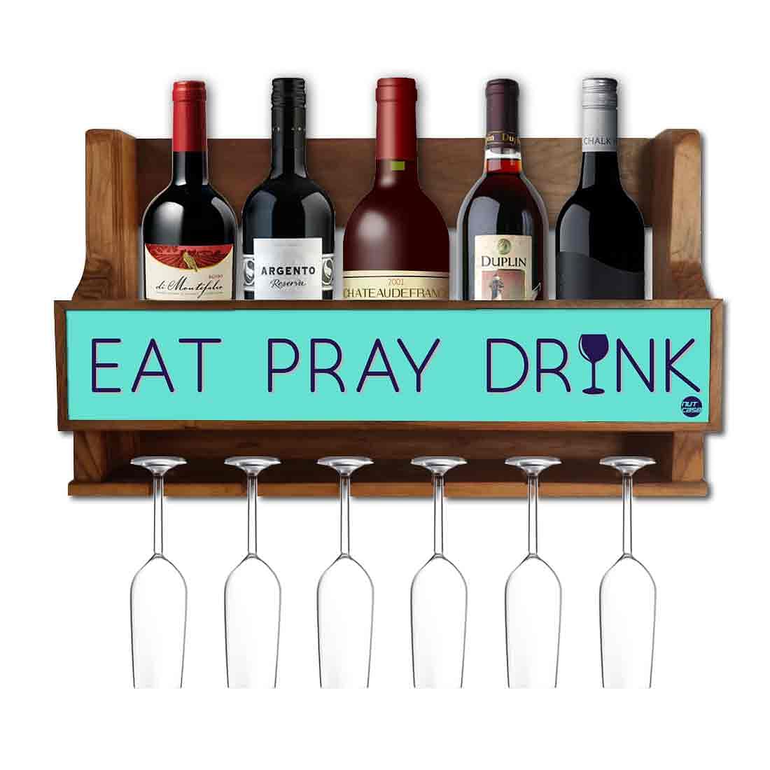 Wine Bottle Wall Rack Wooden Mini Bar Cabinet for 5 Bottles 6 Glasses - Drink