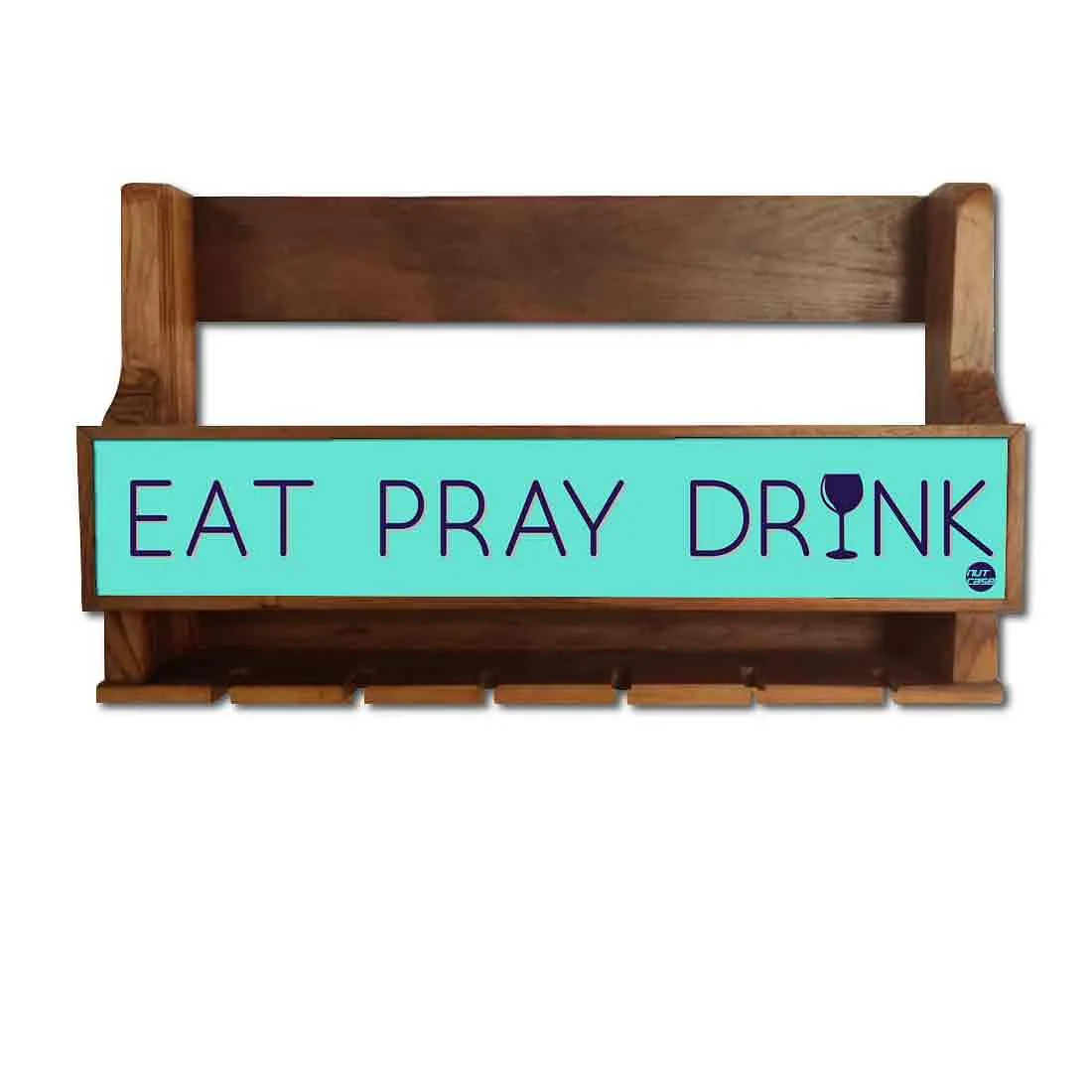 Wine Bottle Wall Rack Wooden Mini Bar Cabinet for 5 Bottles 6 Glasses - Drink - Image 2