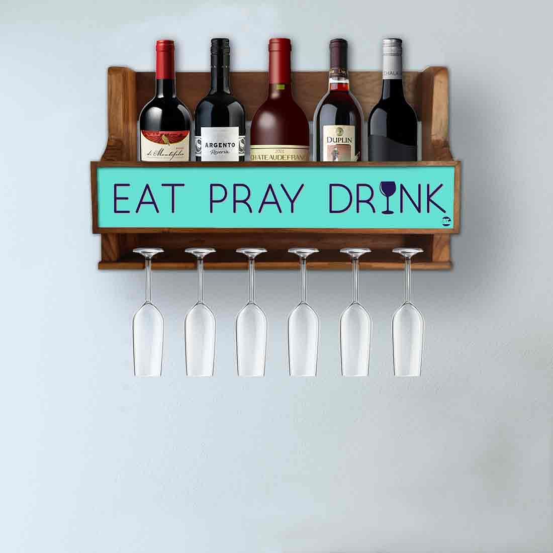Wine Bottle Wall Rack Wooden Mini Bar Cabinet for 5 Bottles 6 Glasses - Drink - Image 3