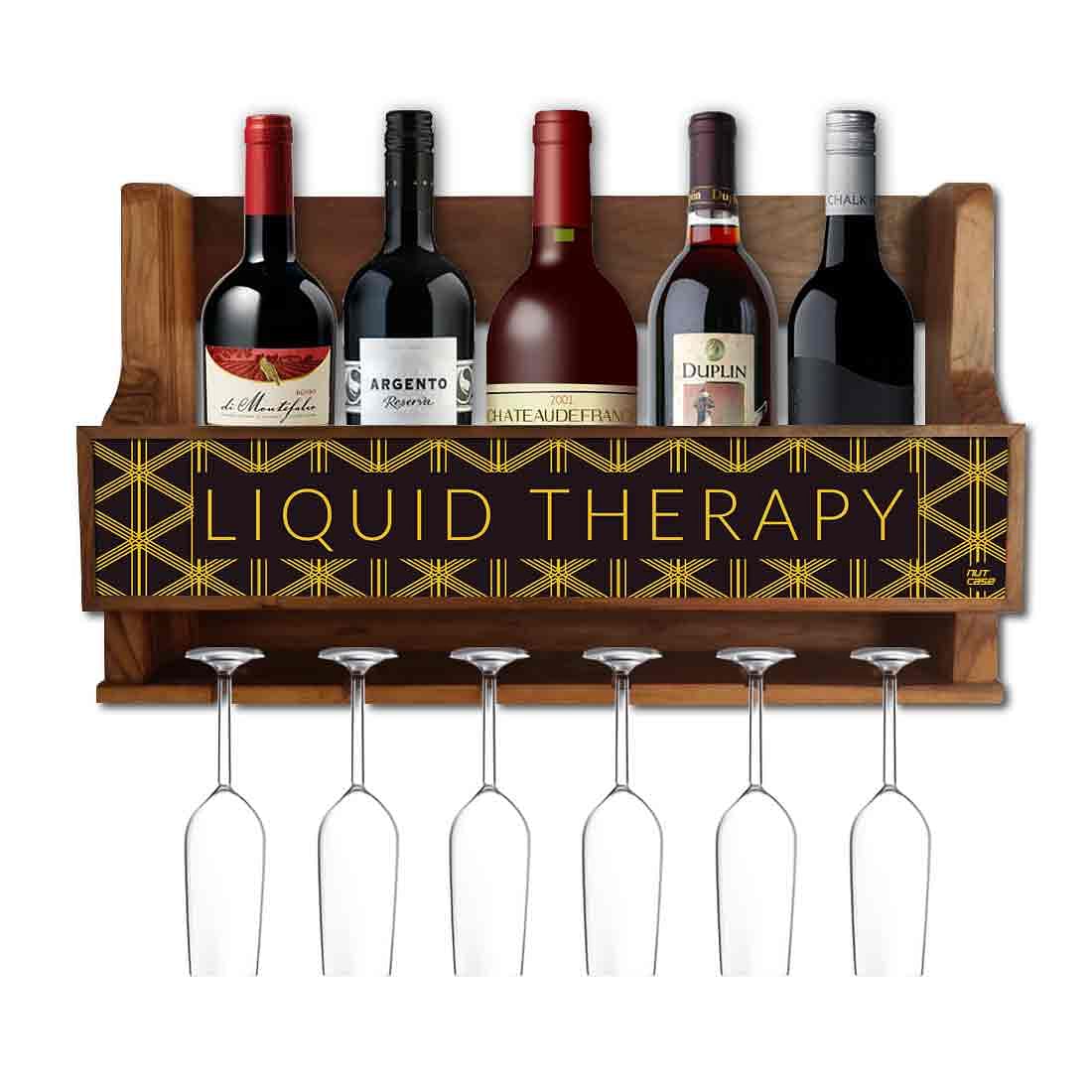 Nutcase Designer Wooden Wine Rack Gloss Holder, Teak Wood Wall Mounted Wine
 Cabinet , 5 bottle Hangers for 6 Wine Glasses -