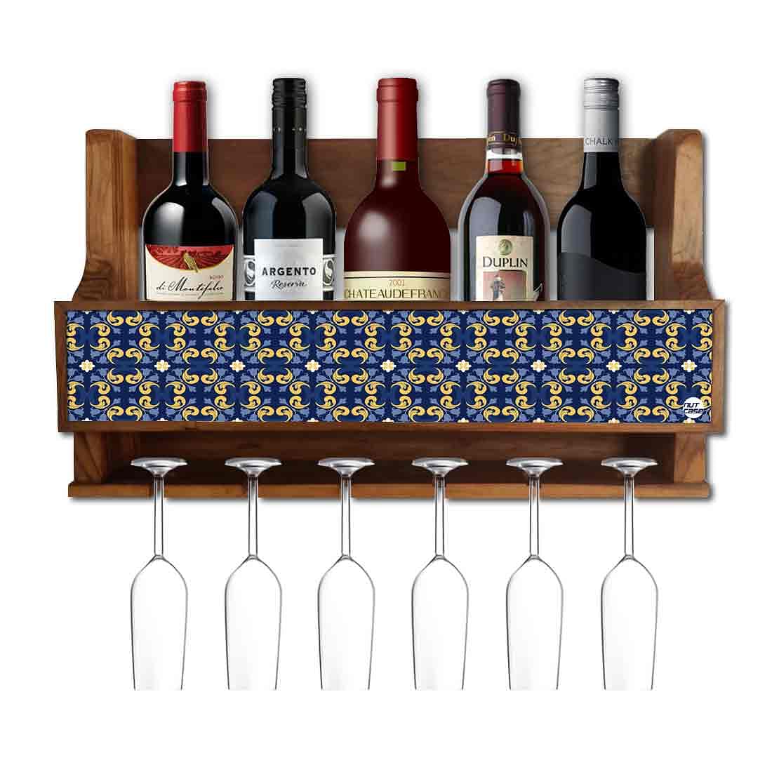 Nutcase Designer Wooden Wine Rack Gloss Holder, Teak Wood Wall Mounted Wine
Cabinet , 5 bottle Hangers for 6 Wine Glasses -
