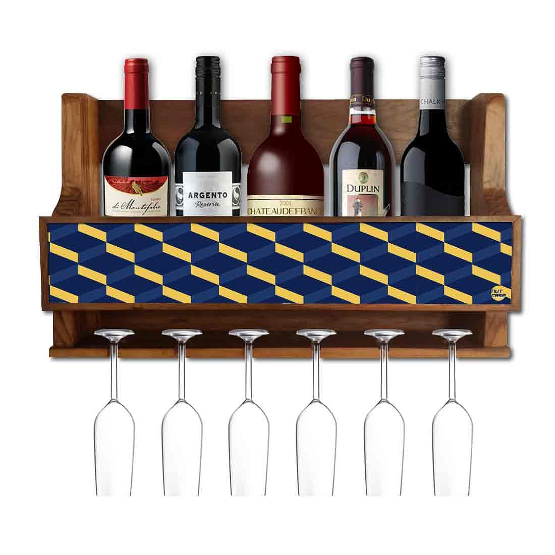 Nutcase Designer Wooden Wine Rack Gloss Holder, Teak Wood Wall Mounted Wine
 Cabinet , 5 bottle Hangers for 6 Wine Glasses -