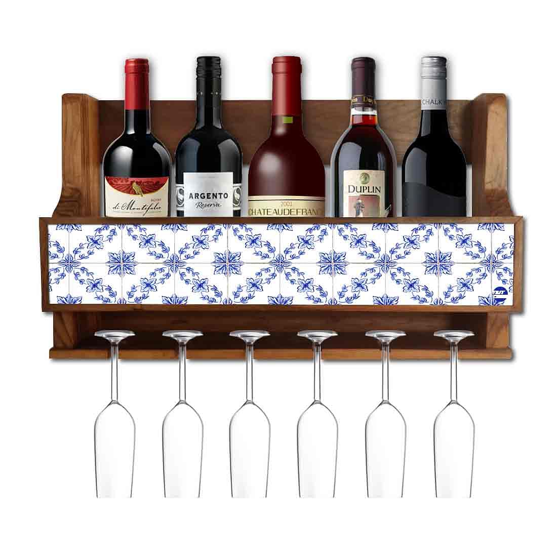 Nutcase Designer Wooden Wine Rack Gloss Holder, Teak Wood Wall Mounted Wine
 Cabinet , 5 bottle Hangers for 6 Wine Glasses -