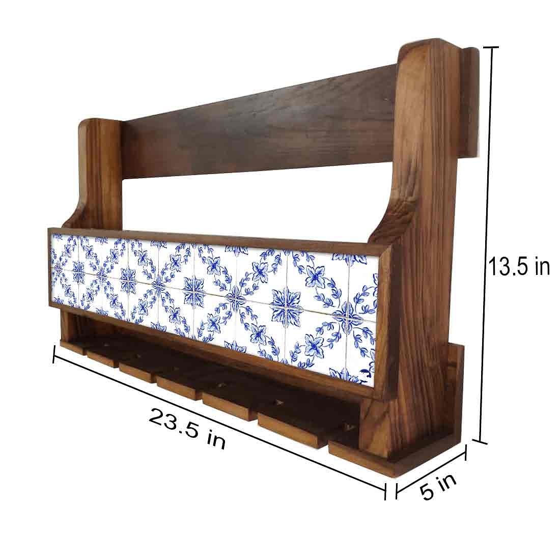 Nutcase Designer Wooden Wine Rack Gloss Holder, Teak Wood Wall Mounted Wine
 Cabinet , 5 bottle Hangers for 6 Wine Glasses - - Image 4