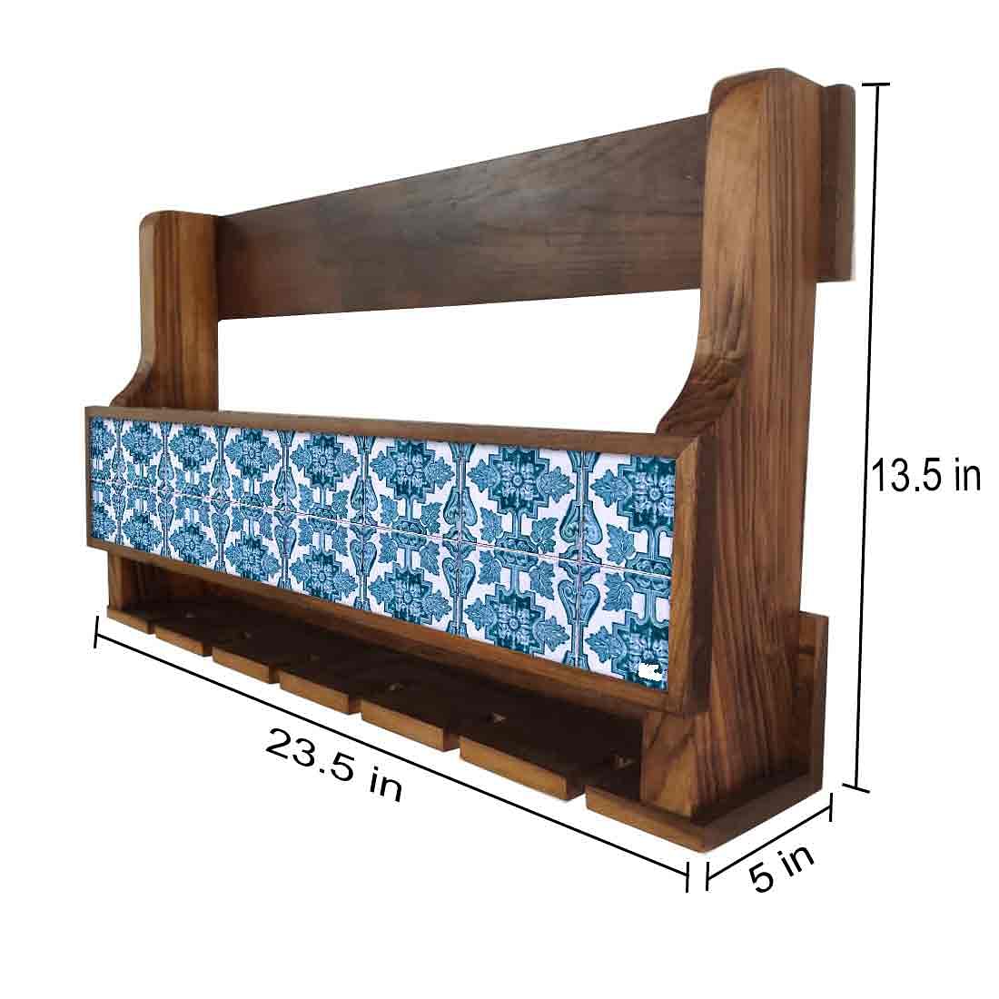 Nutcase Designer Wooden Wine Rack Gloss Holder, Teak Wood Wall Mounted Wine
 Cabinet , 5 bottle Hangers for 6 Wine Glasses - - Image 4
