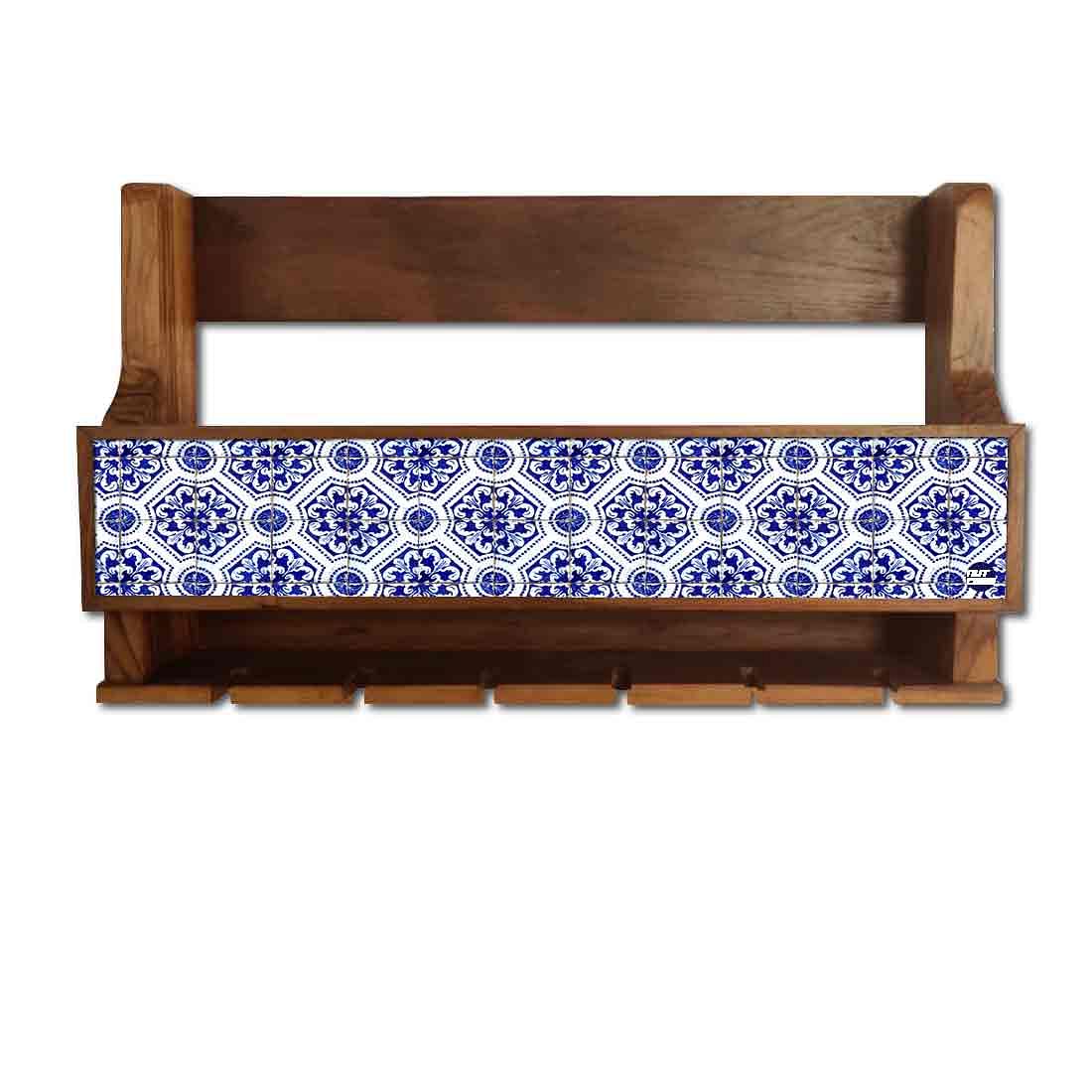Wall Mounted Wooden Wine Cabinet for Living Room 5 Bottles 6 Glasses - Spanish Tiles - Image 2