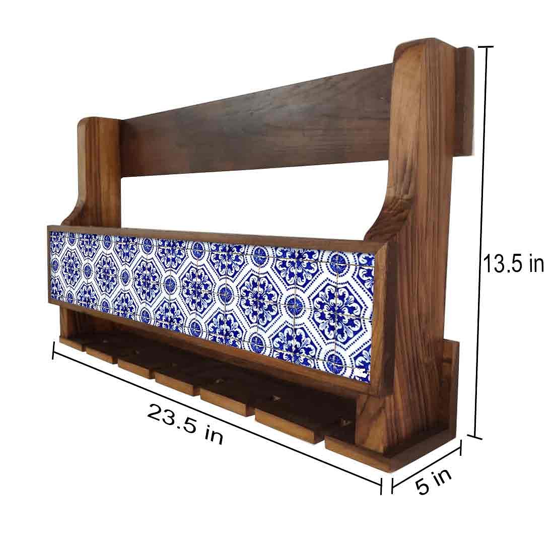 Wall Mounted Wooden Wine Cabinet for Living Room 5 Bottles 6 Glasses - Spanish Tiles - Image 4