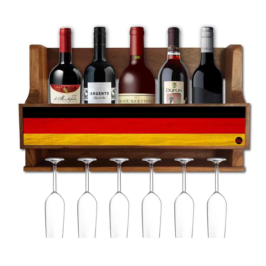 Nutcase Designer Wooden Wine Rack Gloss Holder, Teak Wood Wall Mounted Wine
 Cabinet , 5 bottle Hangers for 6 Wine Glasses -