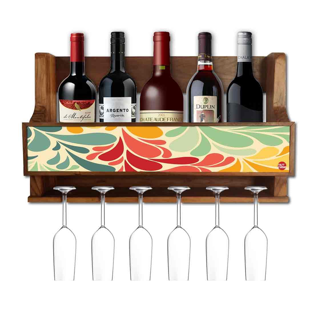 Nutcase Designer Wooden Wine Rack Gloss Holder, Teak Wood Wall Mounted Wine
 Cabinet , 5 bottle Hangers for 6 Wine Glasses -