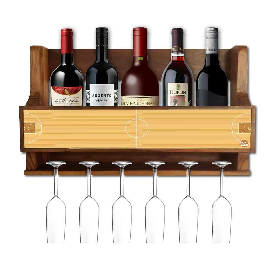 Nutcase Designer Wooden Wine Rack Gloss Holder, Teak Wood Wall Mounted Wine
 Cabinet , 5 bottle Hangers for 6 Wine Glasses -