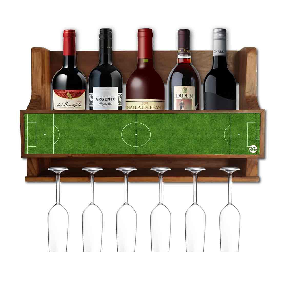 Wine Rack Wall Cabinet Wooden for Living Room - Stores 5 Bottles 6 Glasses - Football Pitch