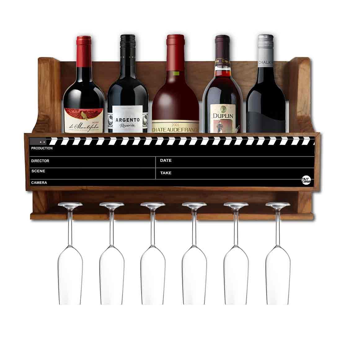 Nutcase Designer Wooden Wine Rack Gloss Holder, Teak Wood Wall Mounted Wine
 Cabinet , 5 bottle Hangers for 6 Wine Glasses -