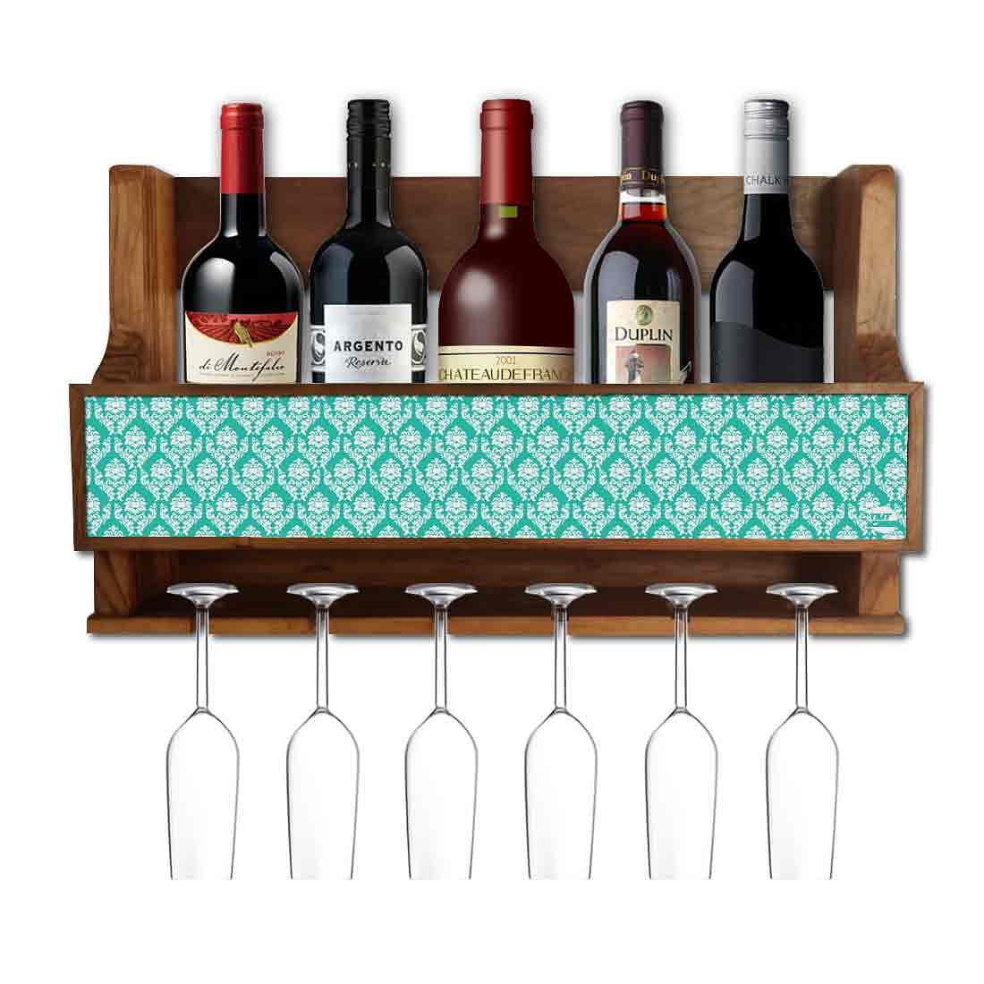 Nutcase Designer Wooden Wine Rack Gloss Holder, Teak Wood Wall Mounted Wine
 Cabinet , 5 bottle Hangers for 6 Wine Glasses -